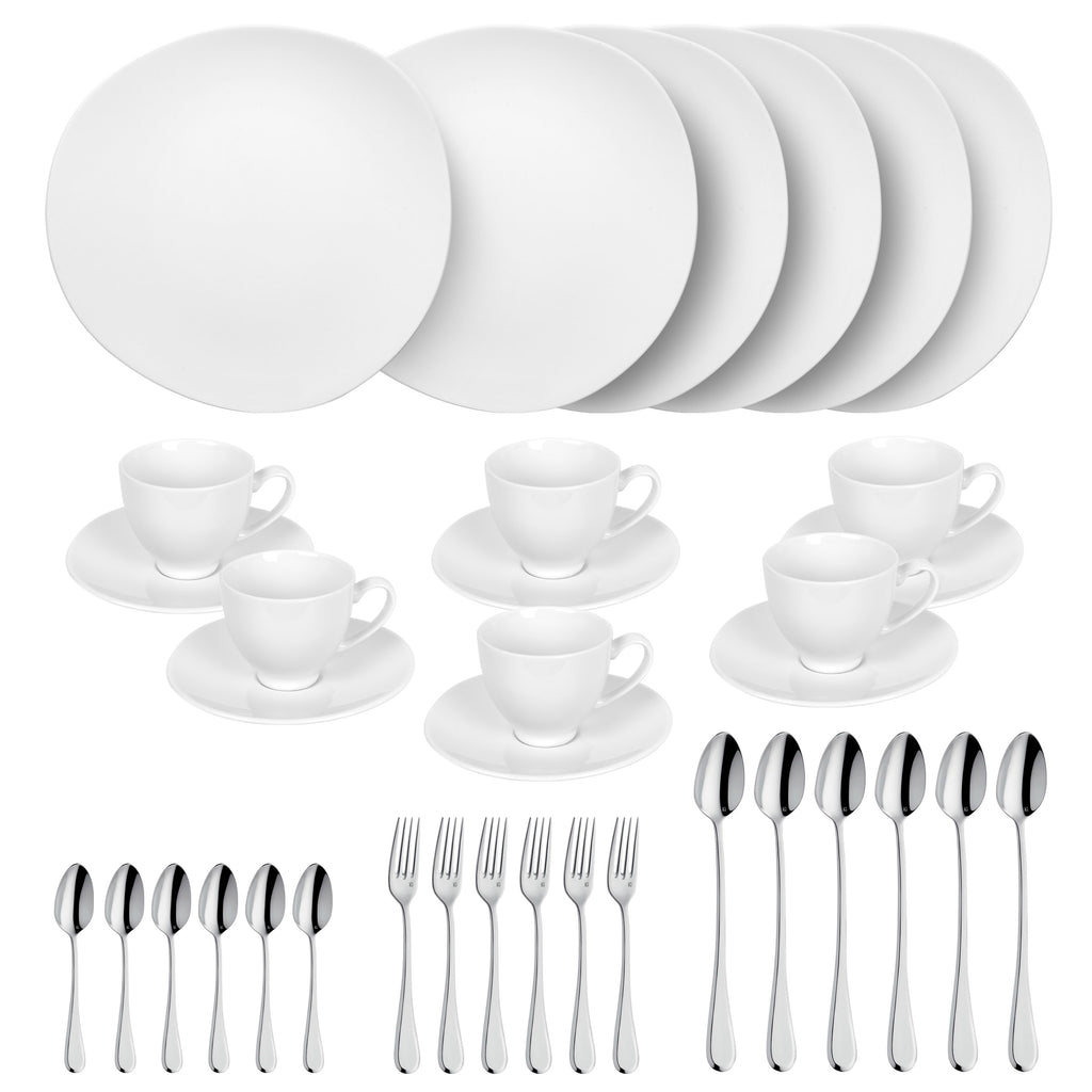 Sven Blanc - Ensemble Dessert & Goûter 30 Pièces - Porcelaine/Acier Inoxydable - Blanc