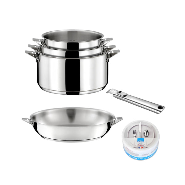 Eclipse - Lot 6 Pièces - 3 Casseroles 16/18/20cm + 1 Poêle 24cm Inox + 1 Poignée Amovible + 1 Pierre D'Argent
