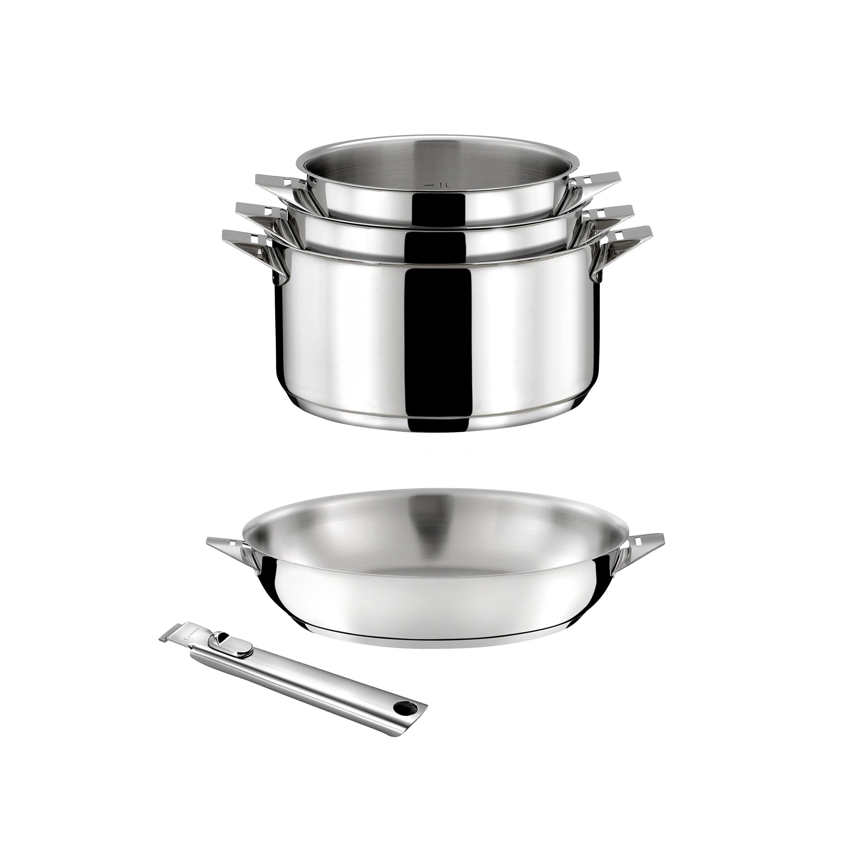 Eclipse - 6-Piece Set - 3 Saucepans 16/18/20cm + 1 24cm Stainless Steel Pan + 1 Removable Handle + 1 Silver Stone