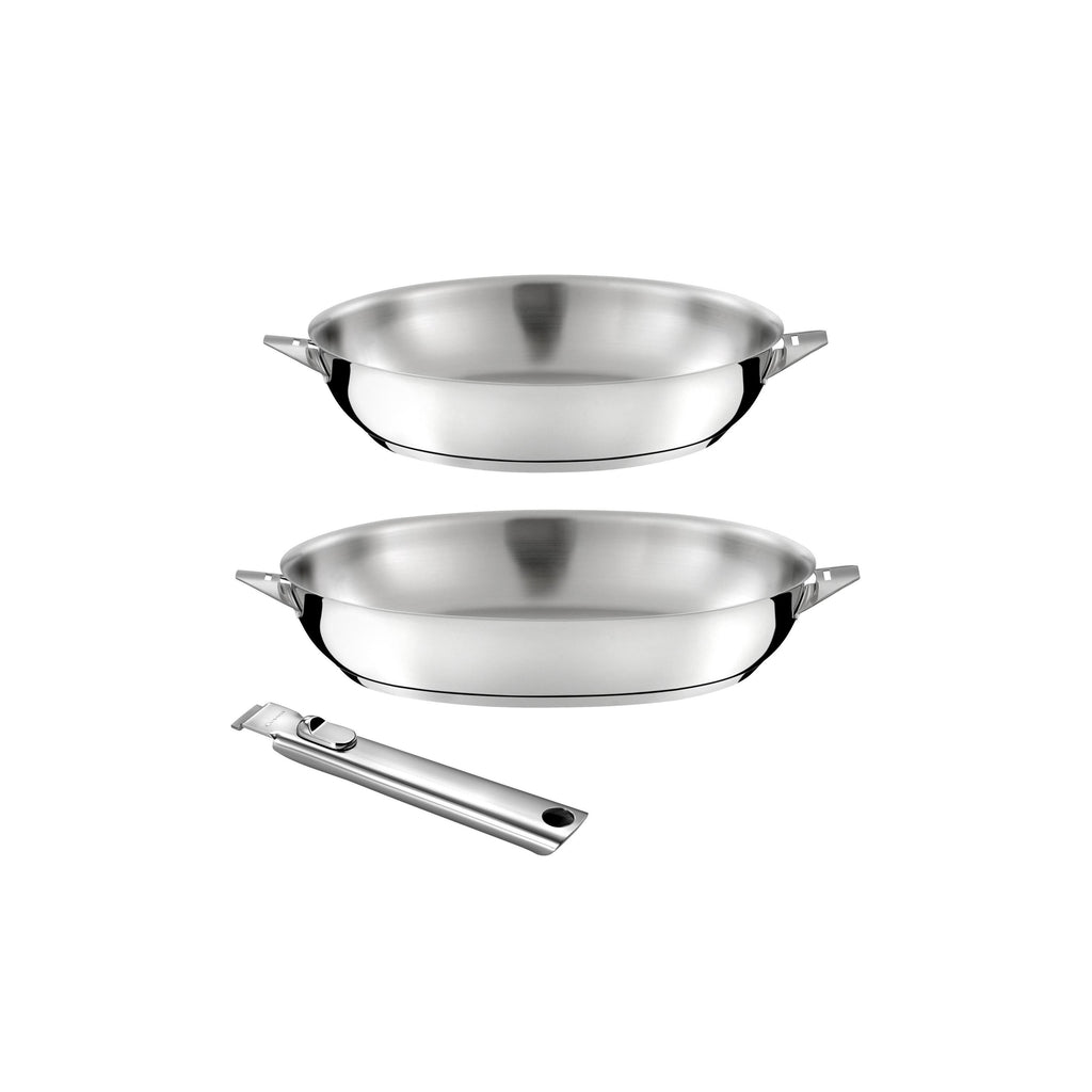 Eclipse - Set of 2 Frying Pans 24-28cm Mirror Finish + Removable Handle - Stainless Steel