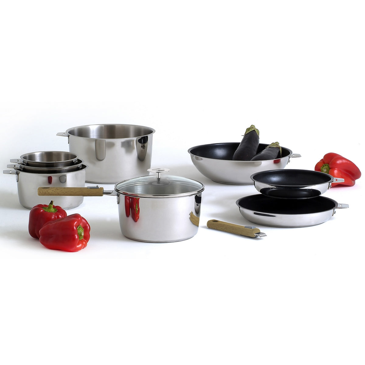 Malice - Série De 3 Casseroles Avec Poignée Effet Bois Clair - 16/18/20cm - Inox