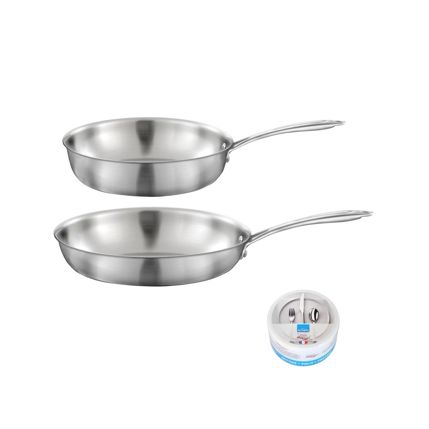 Gourmet - Lot De 1 Poêle Inox 28cm + 1 Sauteuse Inox 24 cm + 1 Pierre D'Argent Citron 300g (Entretien De L'Inox)