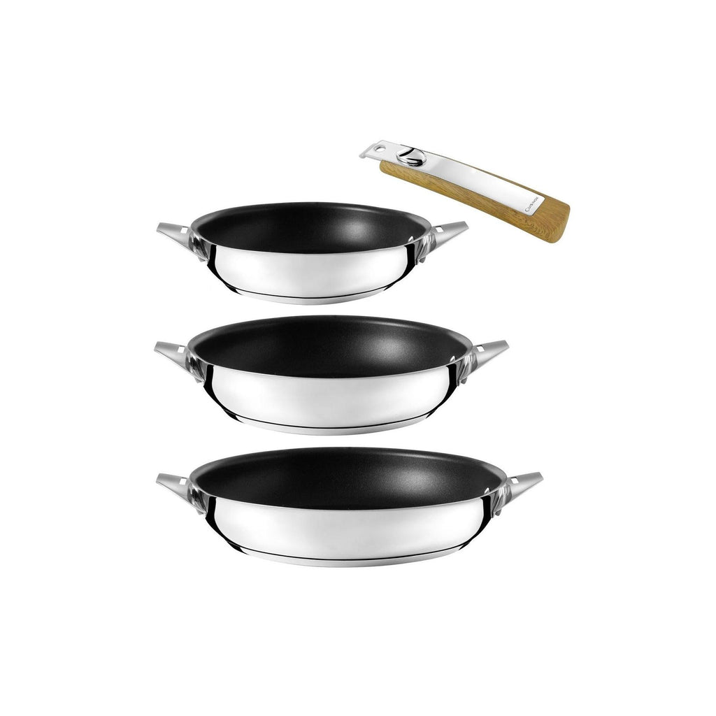 Eclipse - Lot De 3 Poêles 20-24-28Cm Revêtement Céramique Et Poignée Amovible - Bois Clair