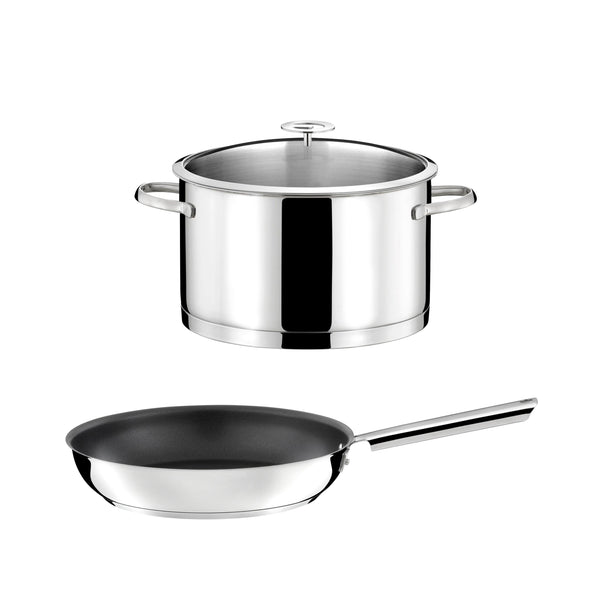 Elysée - 1 Faitout Inox 24cm + Couvercle + 1 Poêle 28cm Revêtement Céramique