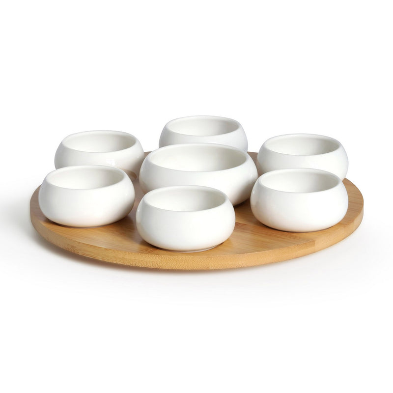 Set 7 Coupelles Apéritives En Céramique Avec Plateau En Bambou Tournant - Tapas - Blanc Et Bois Clair