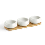 Tapas - Juego de 3 Tazas de Aperitivo de Cerámica con Bandeja de Bambú - Cerámica/Bambú - Blanco/Madera Clara