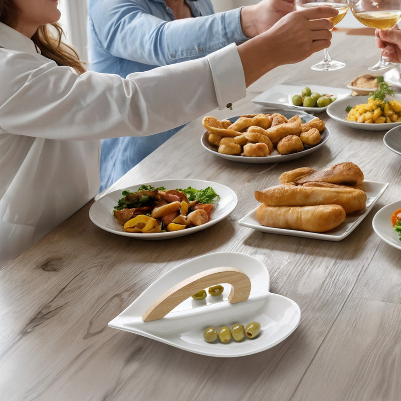 Serviteur Apéritif Love En Céramique - Tapas - Blanc Et Bois Clair