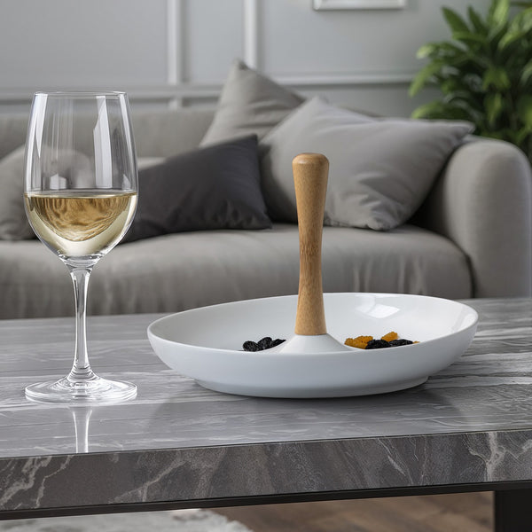 Tapas - Servidor de Aperitivo Redondo de Cerámica - Cerámica/Bambú - Blanco/Madera Clara