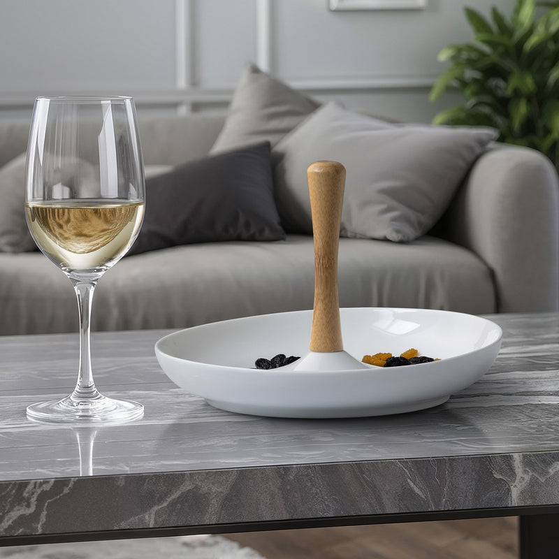 Serviteur Apéritif Rond En Céramique - Tapas - Blanc Et Bois Clair