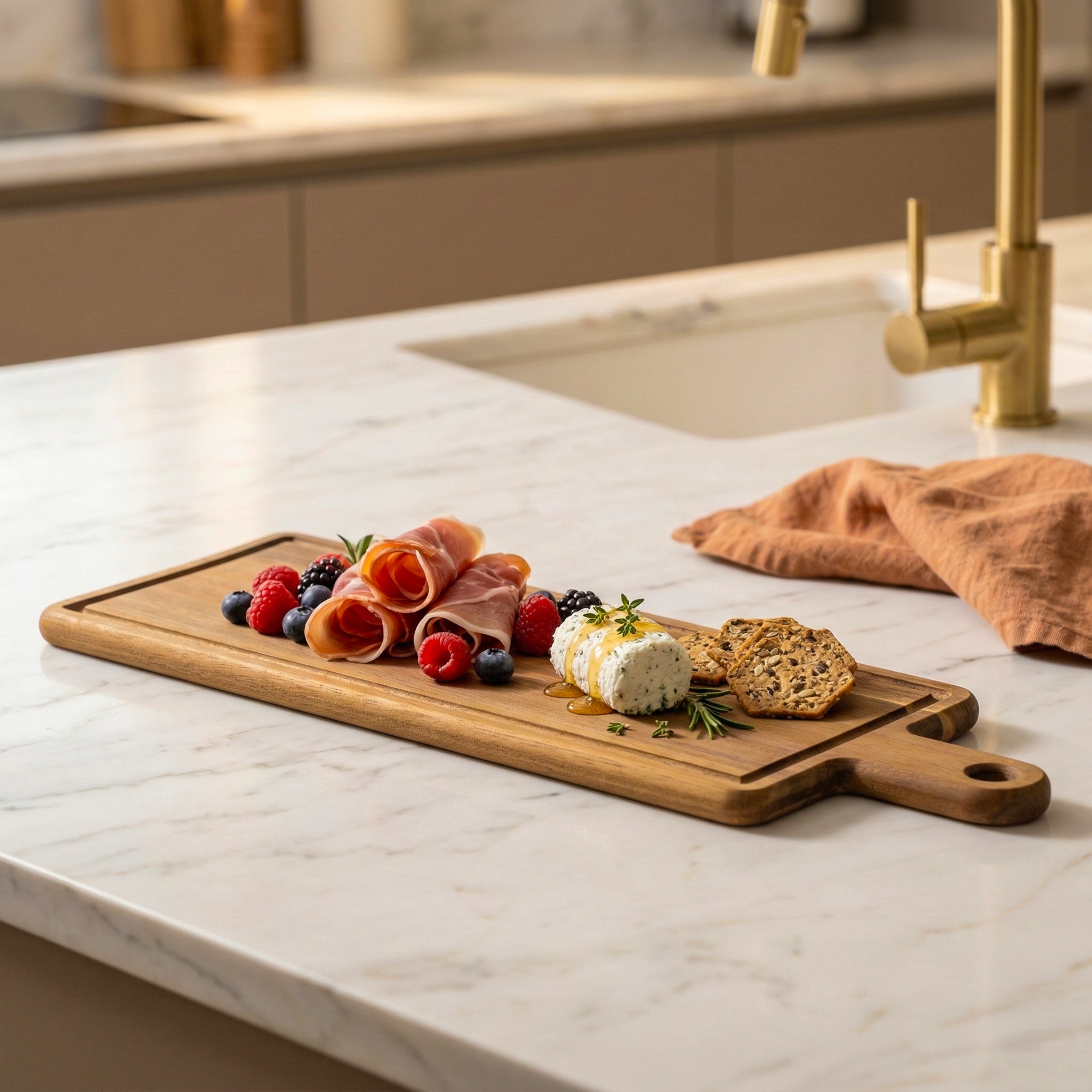 Célestin - Rectangular Chopping Board 48 x 17 x 1.5 cm with Drip Groove and Handle - Wood