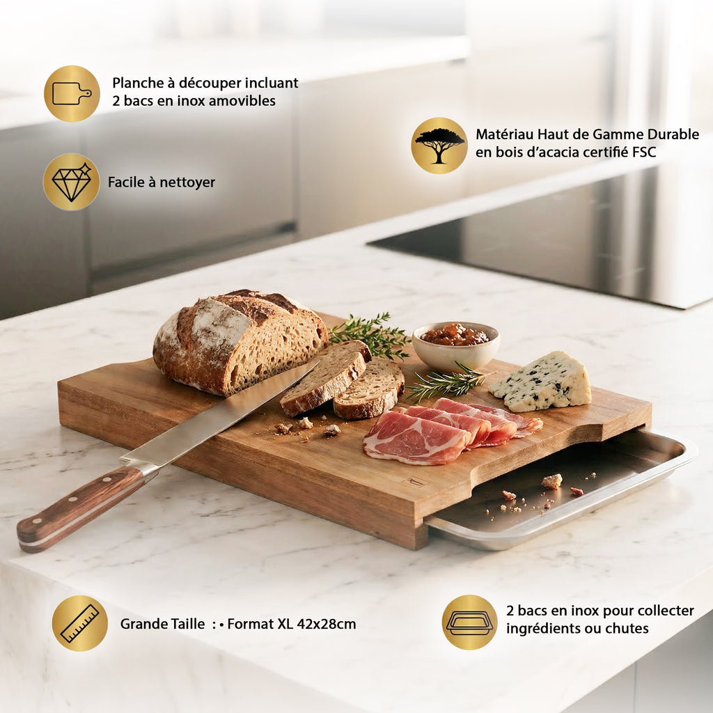 Léonie - Planche À Découper Rectangulaire Avec 2 Tiroirs - Bois