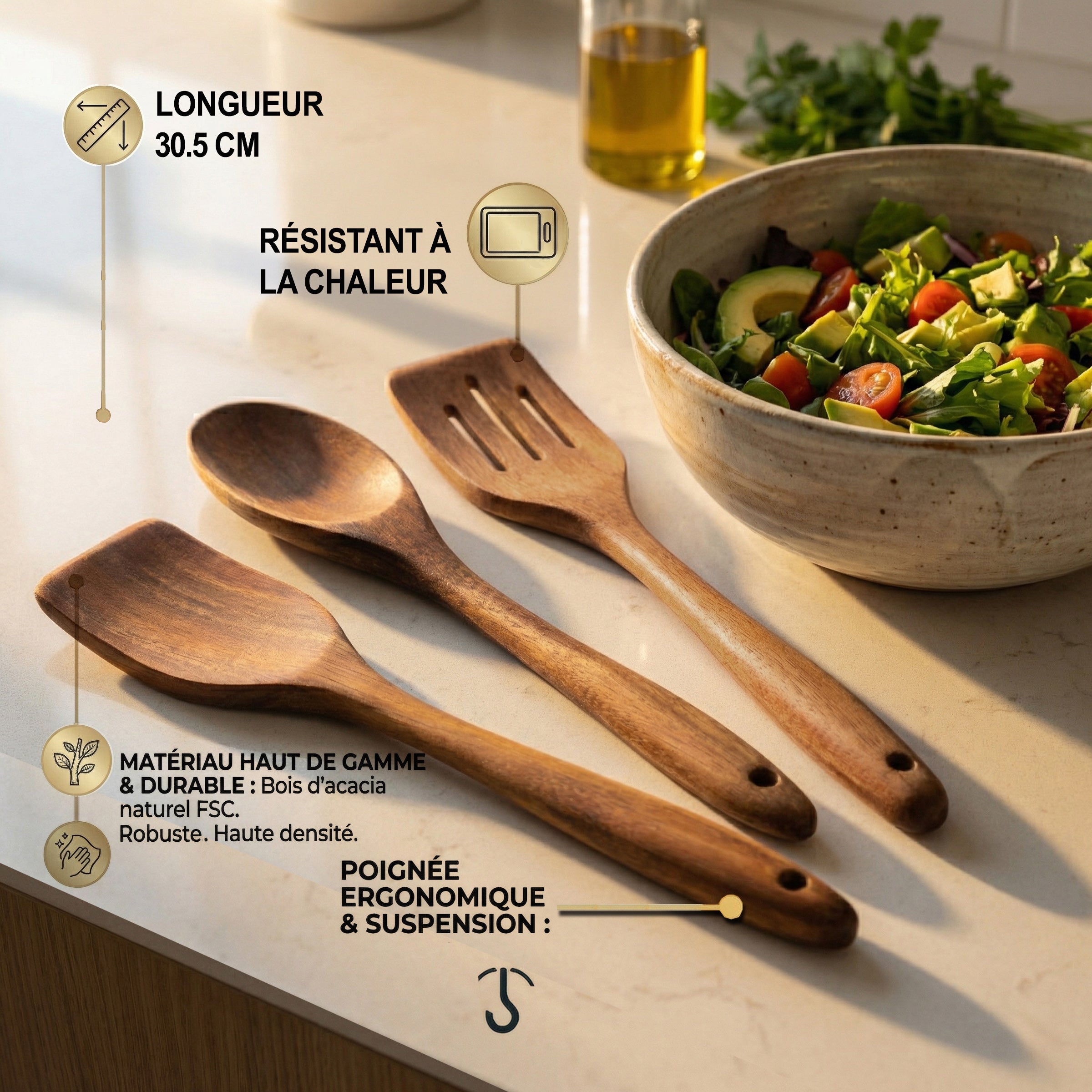 Emile - Set De 3 Ustensiles En Bois D'Acacia - Bois