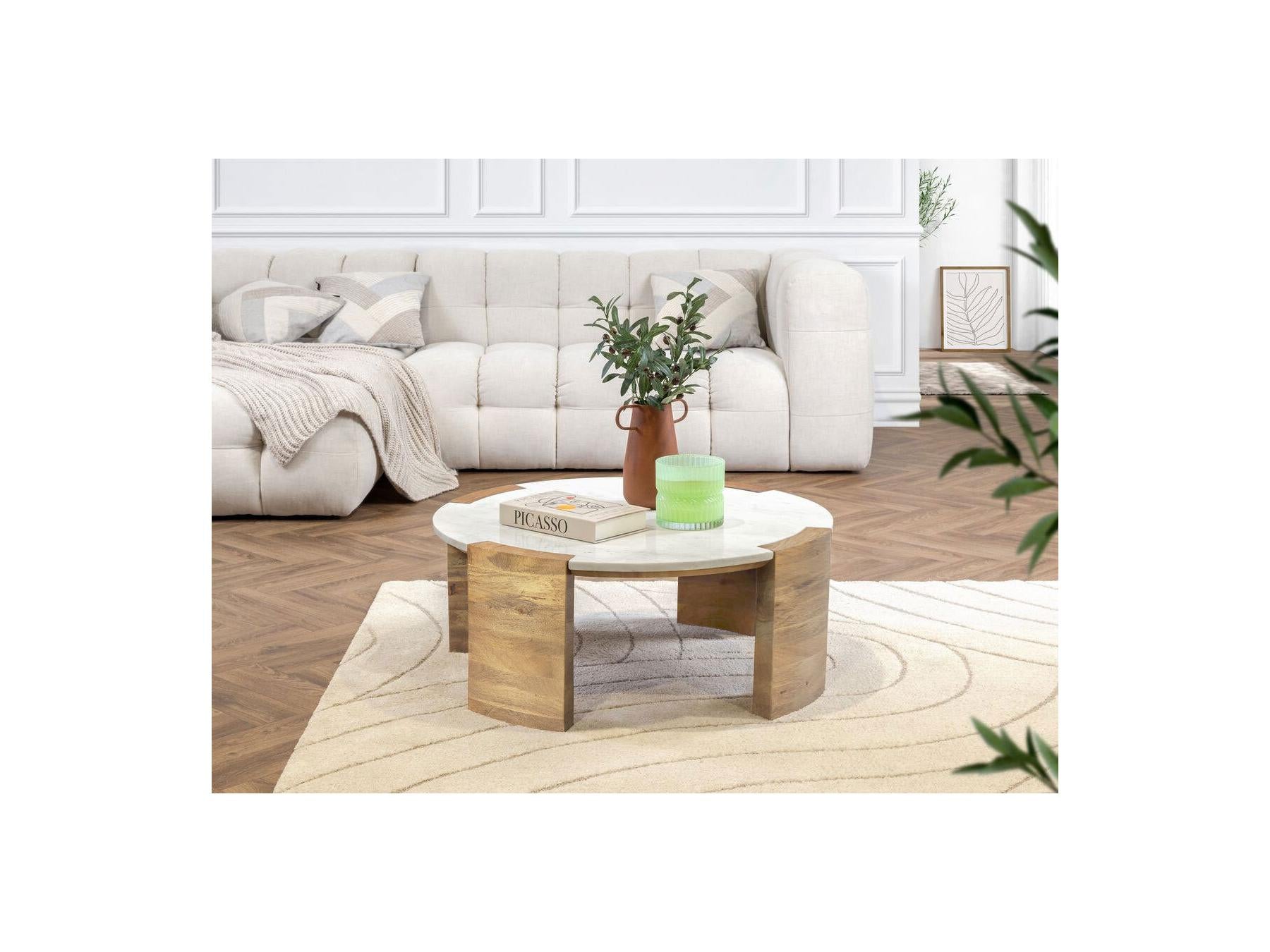 Mesa de centro redonda - Torvi - Tablero de mármol y patas de madera maciza de mango claro