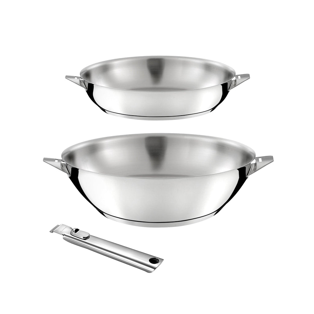 Eclipse - 1 Wok 28cm + 1 Frying Pan 24cm + 1 Removable Handle - Stainless Steel