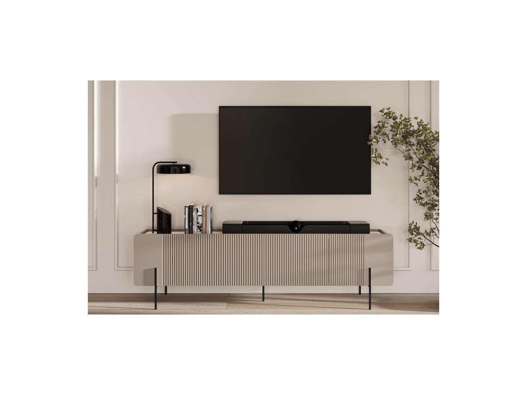 Mathilde - 4-Door TV Unit with Marble-Effect Top and Black Legs