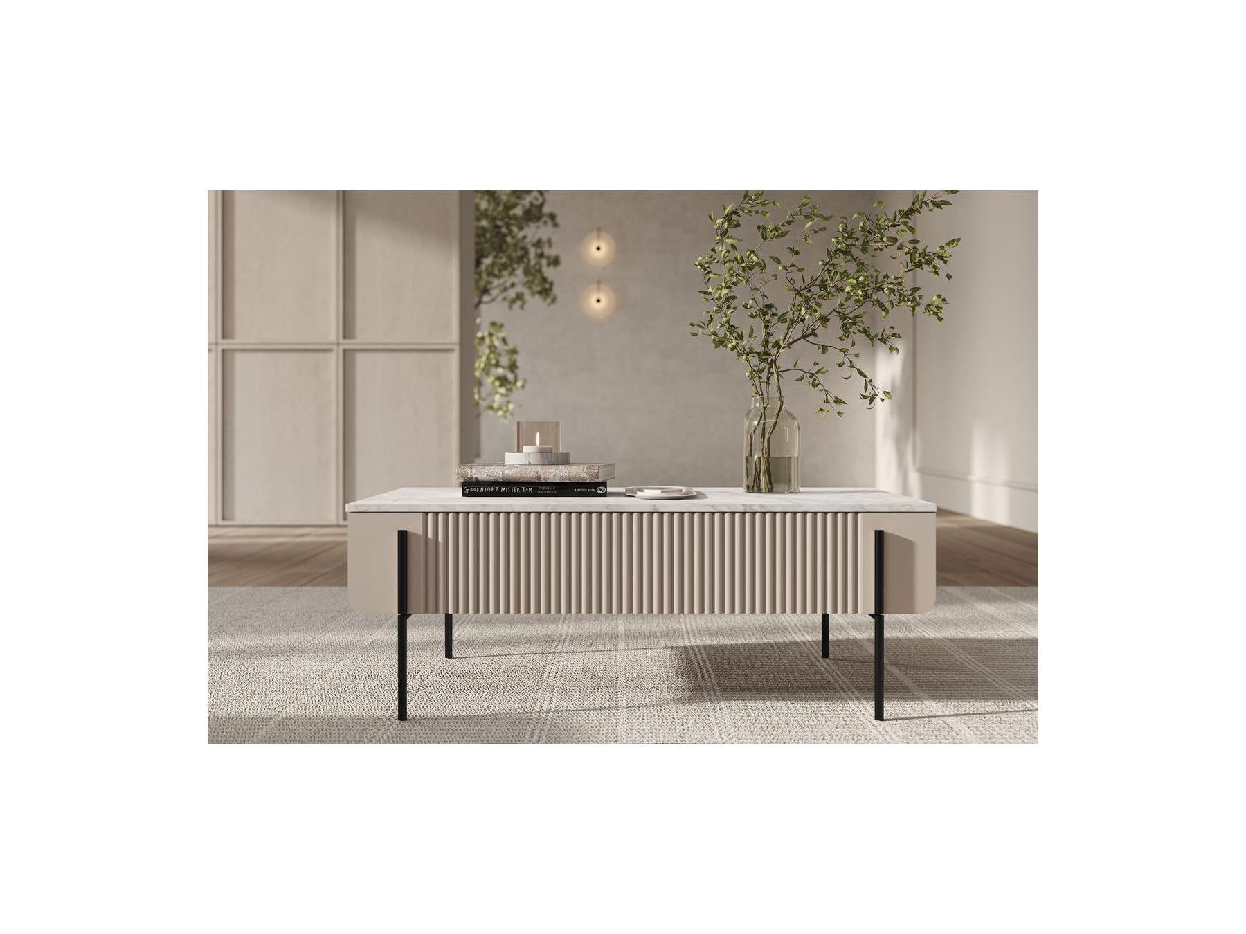 Mathilde - 2-Drawer Coffee Table - Marble-Effect Top and Black Legs