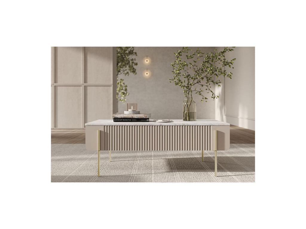 Mathilde - Coffee Table with 2 Drawers - Marble-Effect Top and Gold Legs