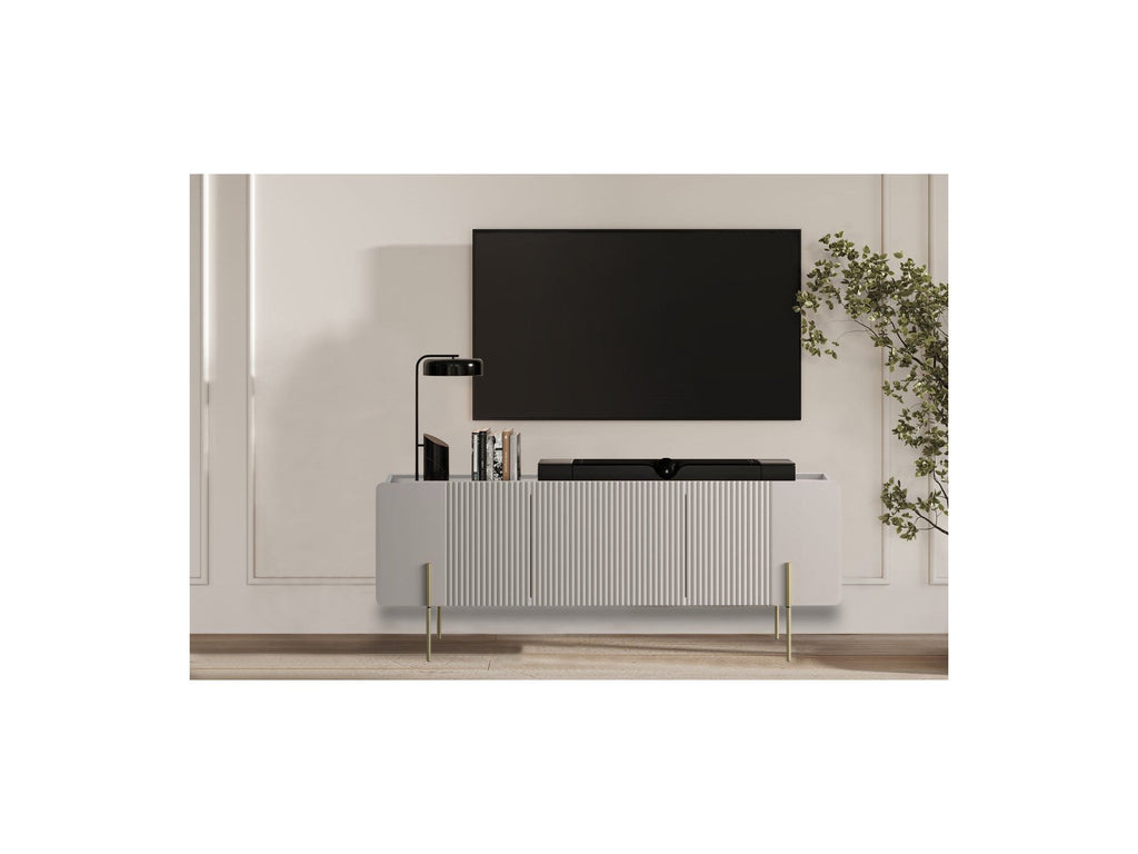 Mathilde - 3-Door TV Unit with Marble-Effect Top and Gold Legs