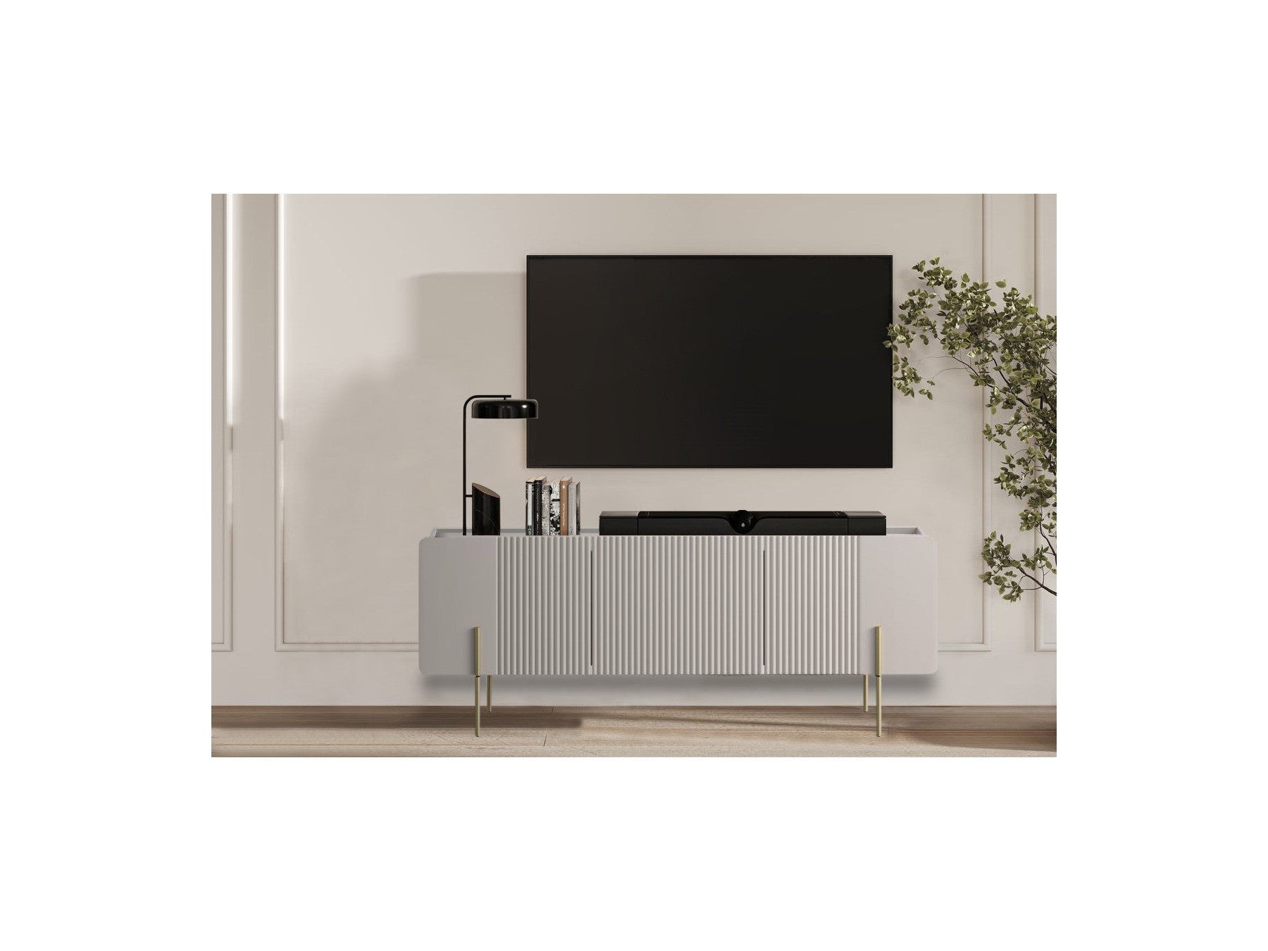 Mathilde - 3-Door TV Unit with Marble-Effect Top and Gold Legs