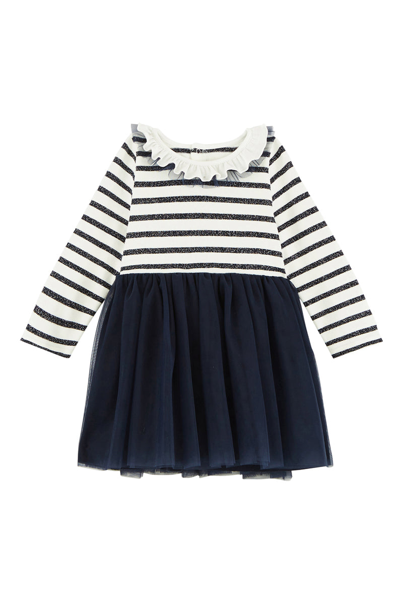 Vestido De Dos Materiales - Blanco Y Azul Marino - Bebé Niña