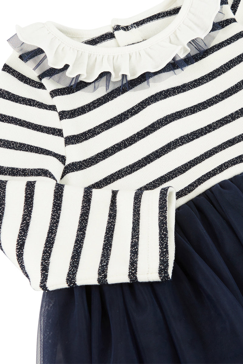 Vestido De Dos Materiales - Blanco Y Azul Marino - Bebé Niña