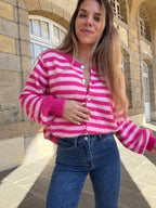 Cardigan Solela Rayé Rose Et Rouge