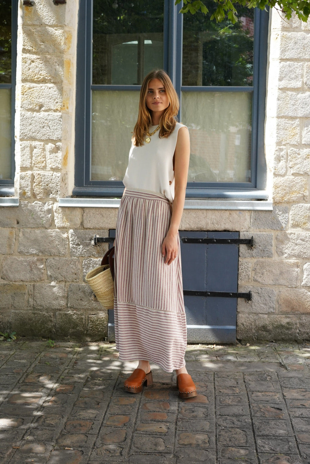 Anna Stripe Skirt Ecru/Raspberry