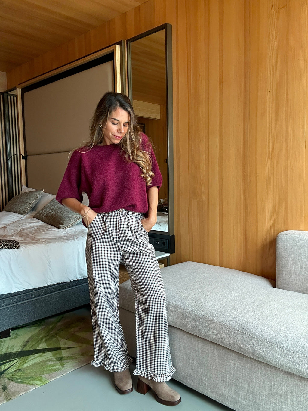 Gabriel Checked Ruffled Wide Leg Trousers
