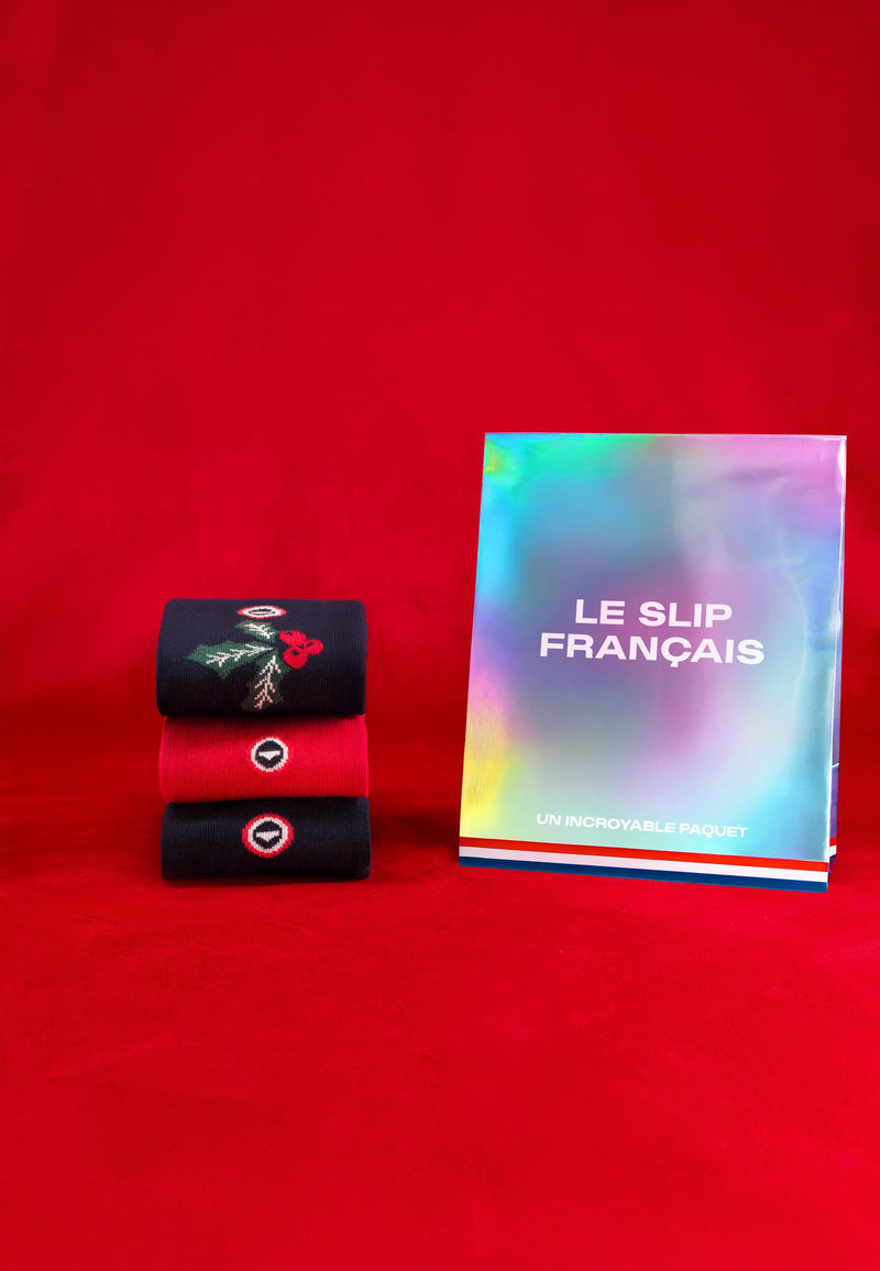 Lot De 3 Chaussettes Mi-Hautes En Coton - Chaussettes Marine Houx Rouge Cerise