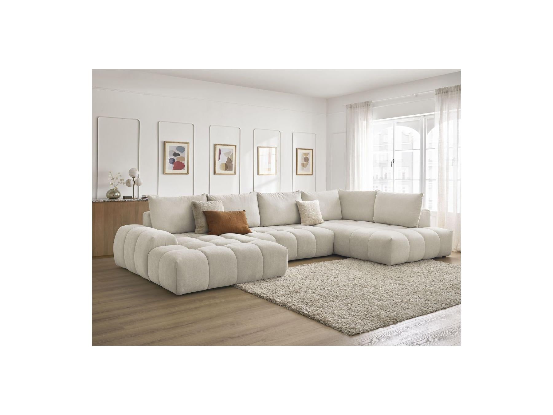 Everest - Canapé Panoramique Convertible Coffre - Tissu Texturé - Angle Gauche - 6 Coussins