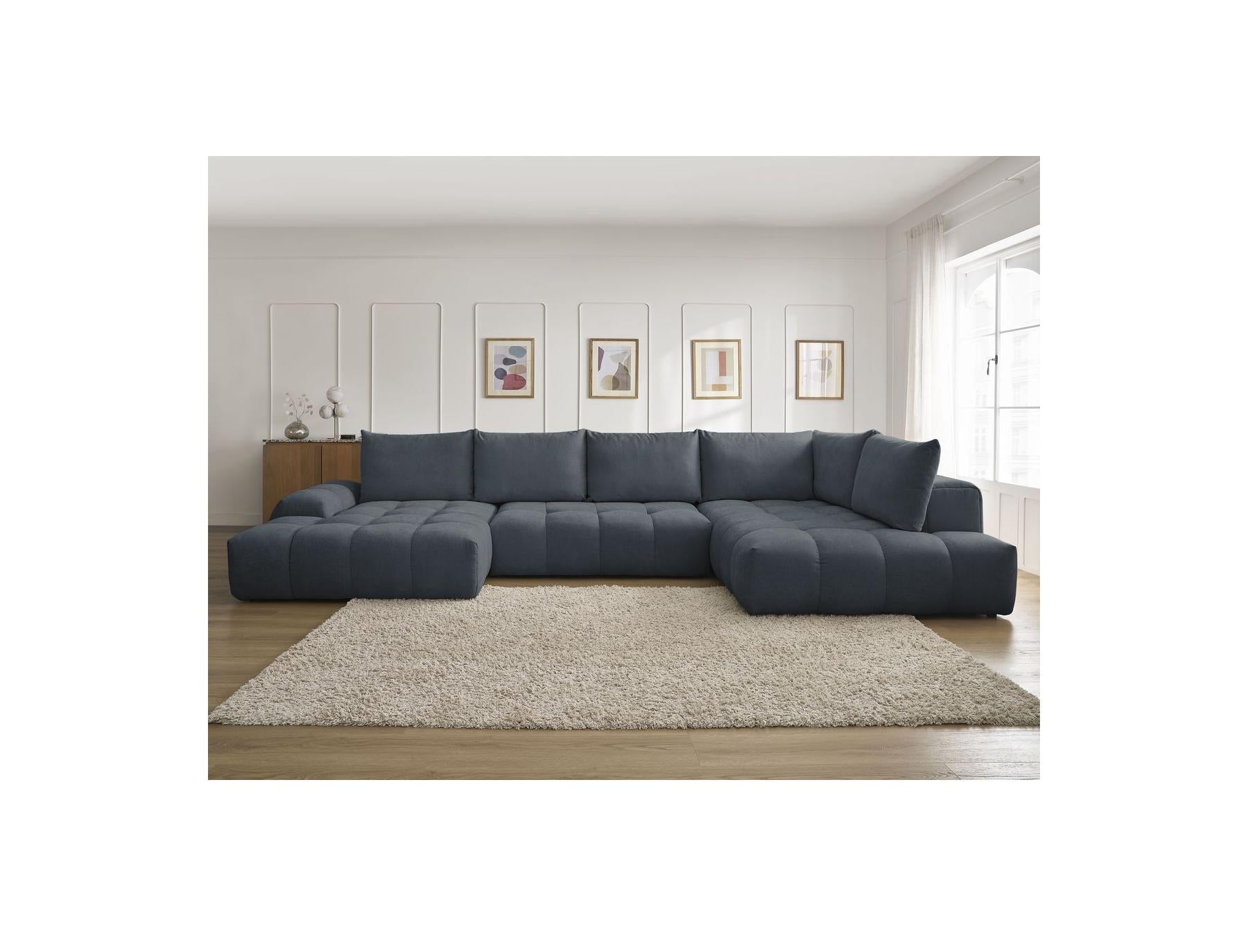 Everest - Canapé Panoramique Convertible Coffre - Tissu Texturé - Angle Gauche - 6 Coussins
