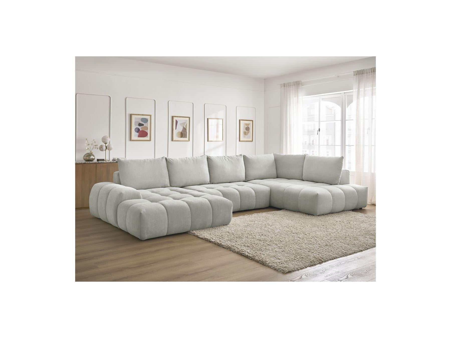 Everest - Canapé Panoramique Convertible Coffre - Tissu Texturé - Angle Gauche - 6 Coussins