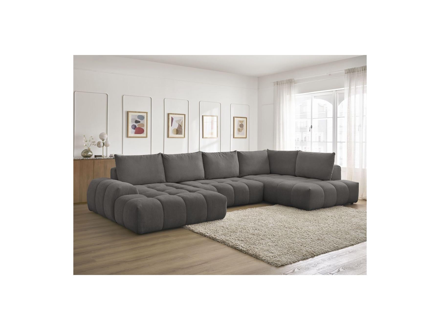 Everest - Canapé Panoramique Convertible Coffre - Tissu Texturé - Angle Gauche - 6 Coussins