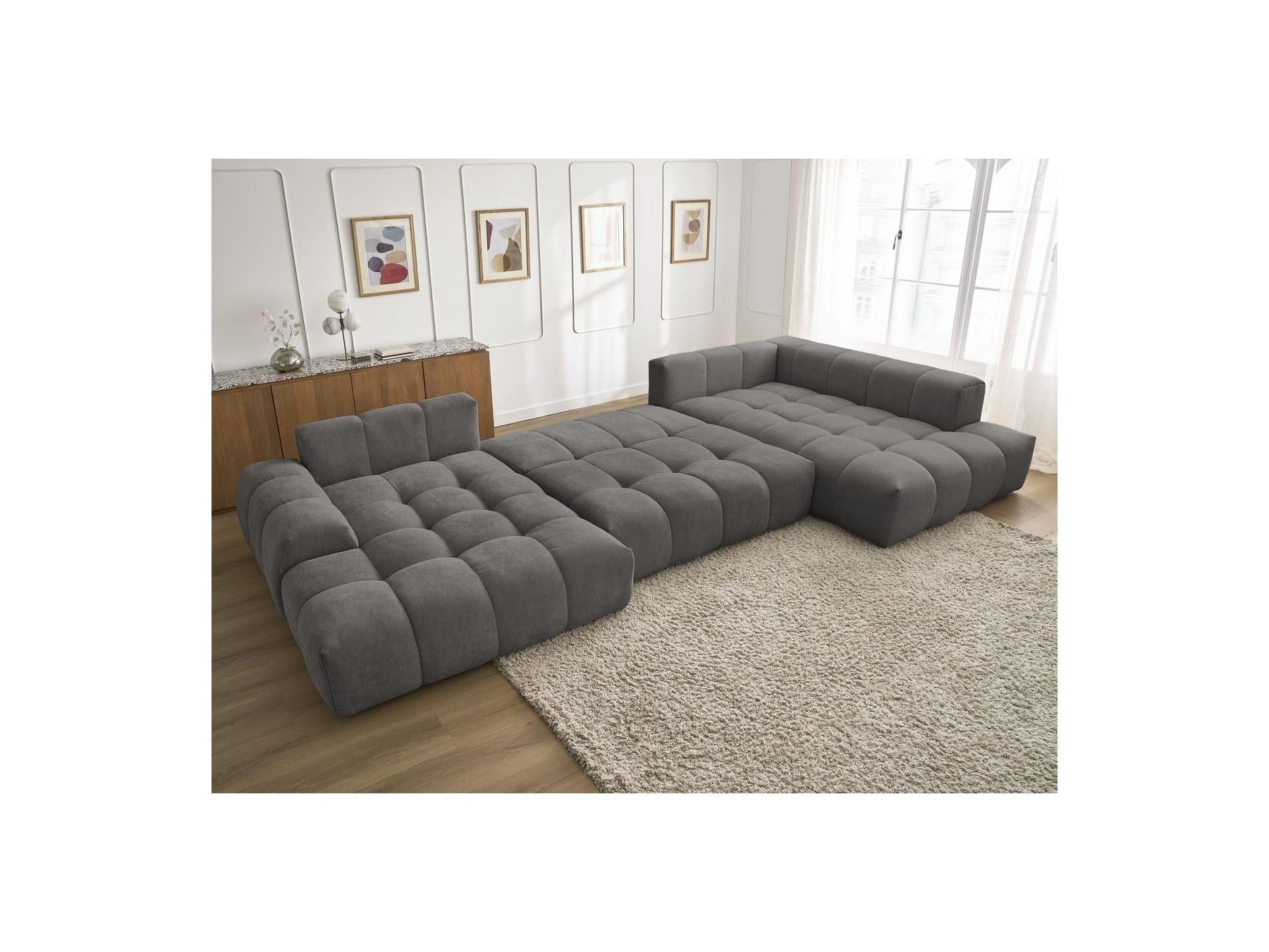 Everest - Canapé Panoramique Convertible Coffre - Tissu Texturé - Angle Gauche - 6 Coussins