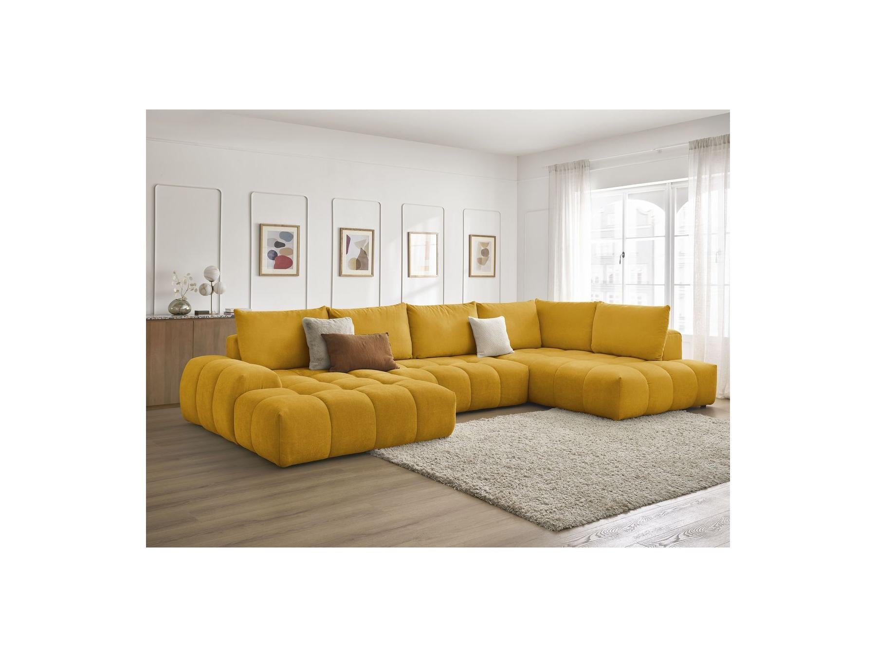 Everest - Canapé Panoramique Convertible Coffre - Tissu Texturé - Angle Gauche - 6 Coussins