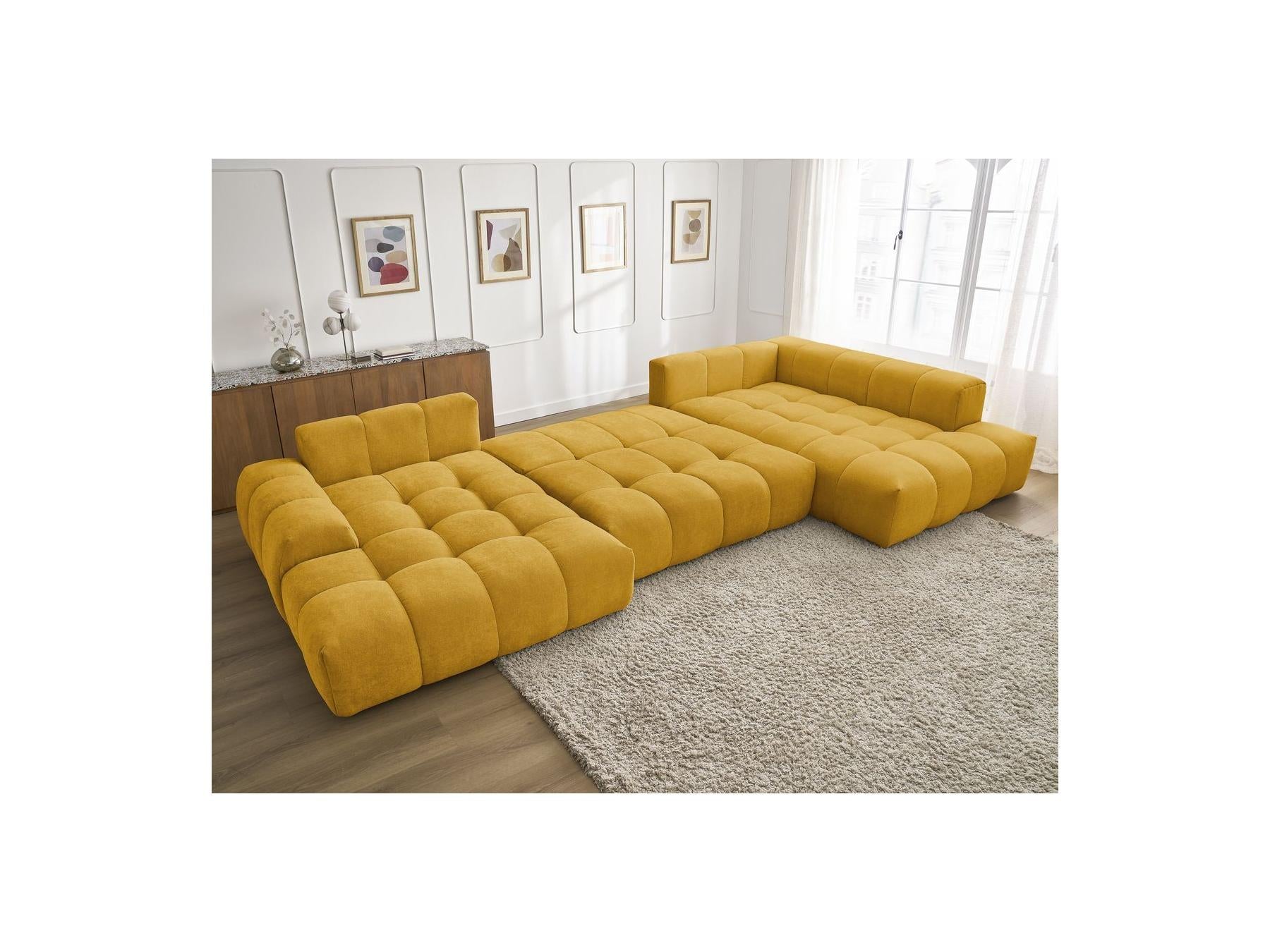 Everest - Canapé Panoramique Convertible Coffre - Tissu Texturé - Angle Gauche - 6 Coussins