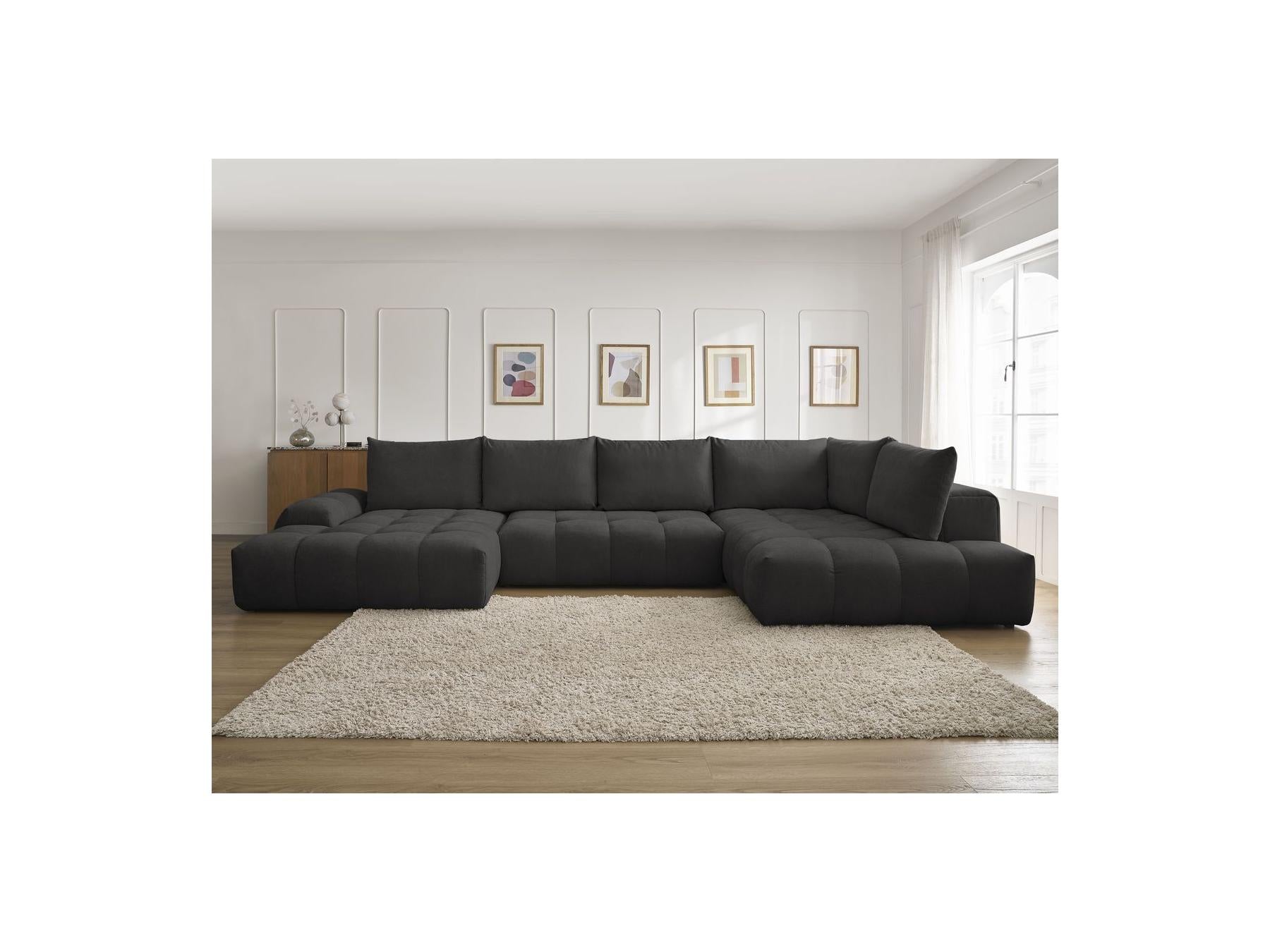 Everest - Canapé Panoramique Convertible Coffre - Tissu Texturé - Angle Gauche - 6 Coussins