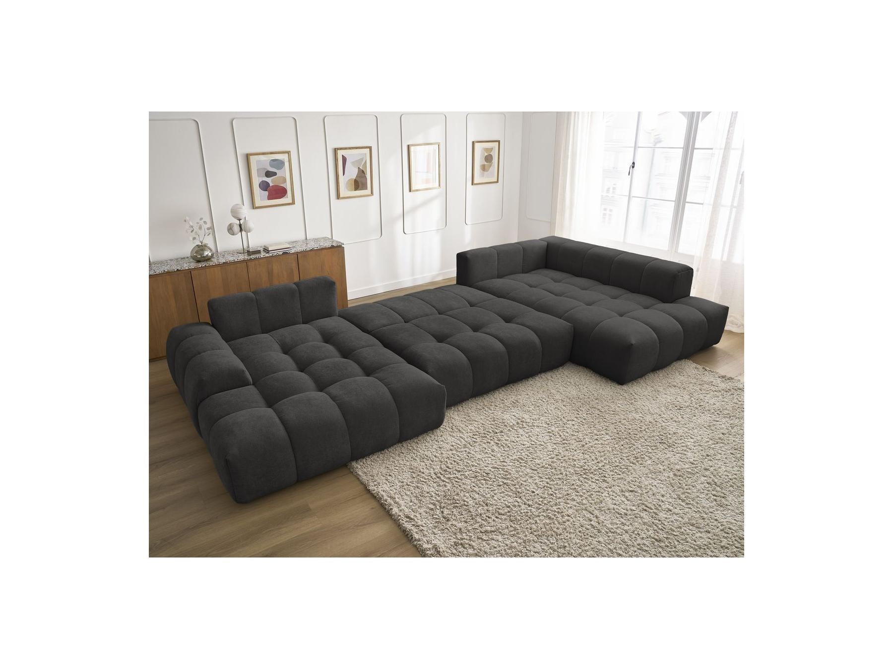 Everest - Canapé Panoramique Convertible Coffre - Tissu Texturé - Angle Gauche - 6 Coussins