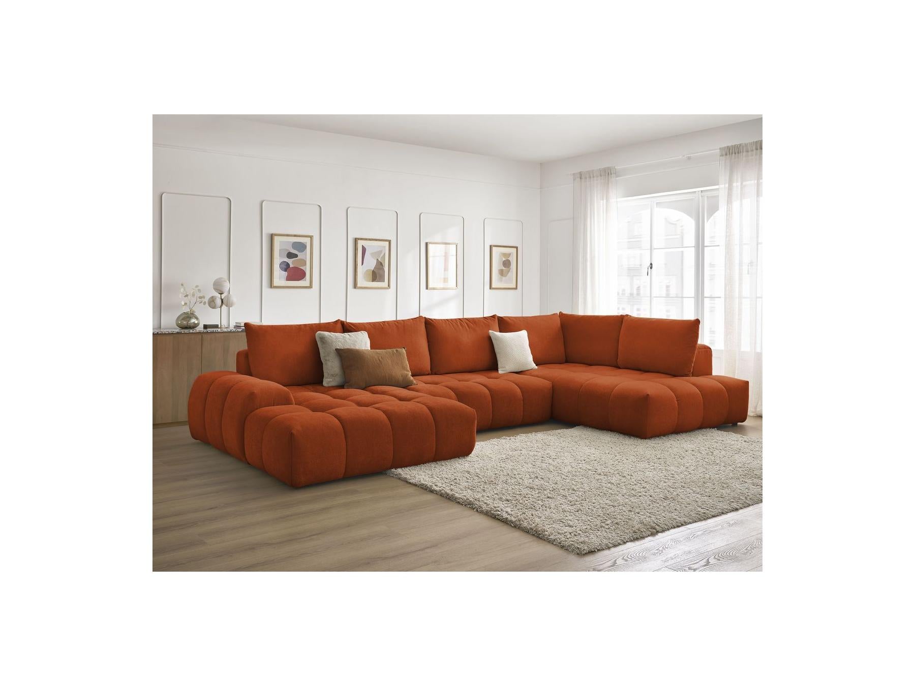 Everest - Canapé Panoramique Convertible Coffre - Tissu Texturé - Angle Gauche - 6 Coussins