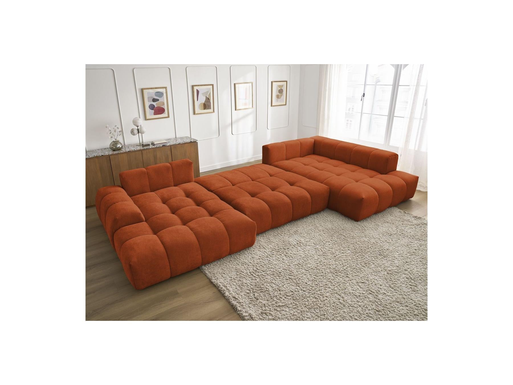 Everest - Canapé Panoramique Convertible Coffre - Tissu Texturé - Angle Gauche - 6 Coussins