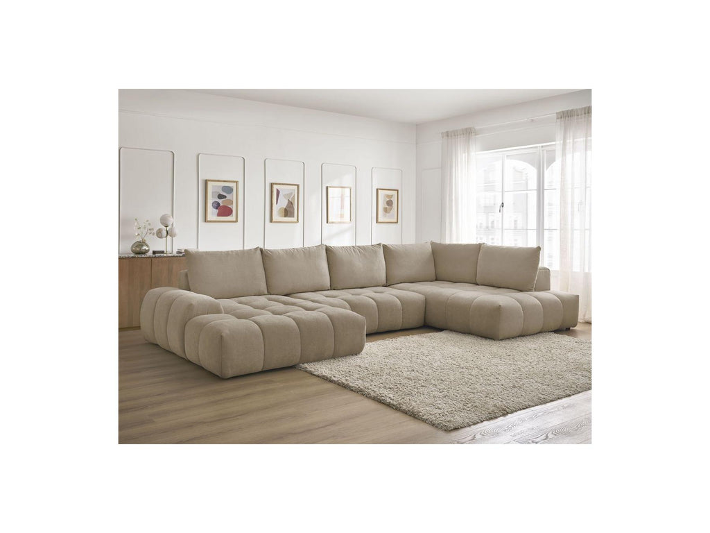 Everest - Canapé Panoramique Convertible Coffre - Tissu Texturé - Angle Gauche - 6 Coussins