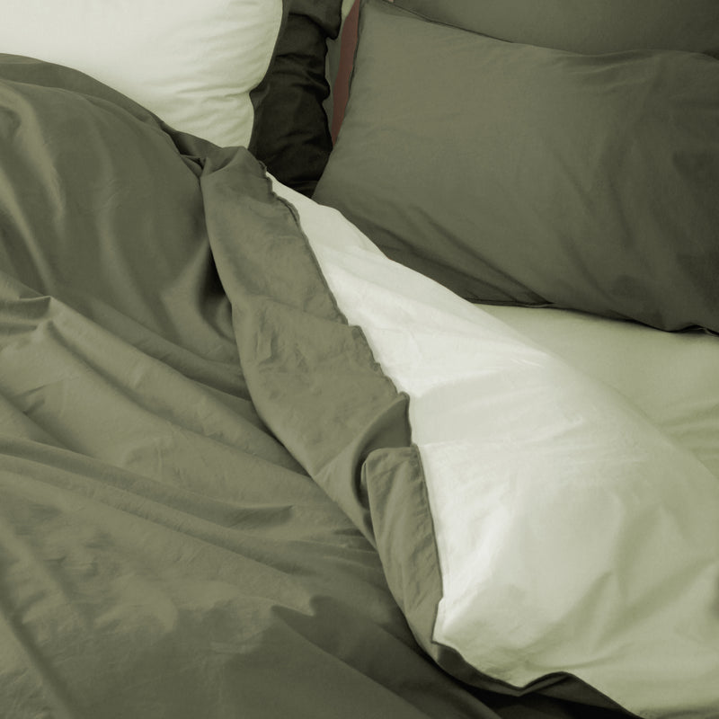 Soft Washed Cotton Percale Duvet Cover - Khaki and Lime Green