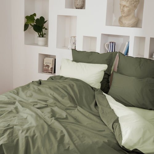 Housse De Couette En Percale De Coton Lavé Douceur Lavée - Kaki Et Vert Tilleul
