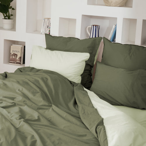 Taie D'Oreiller En Percale De Coton Lavé Douceur Lavée - Kaki Et Vert Tilleul
