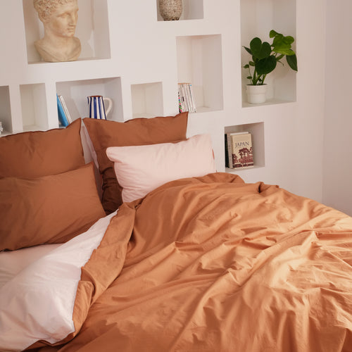 Housse De Couette En Percale De Coton Lavé Douceur Lavée - Terre Cuite Et Pêche