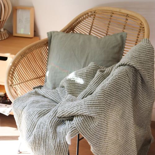 Plaid Coton Et Lin Esprit Nid D'Abeille - Kaki Et Écru