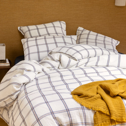 Housse de Couette Simplement Gaufré - Gaze de Coton - Carreau Bleu Jean