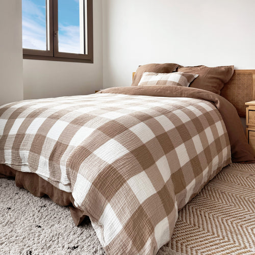 Housse D'édredon Simplement Gaufré - Gaze de Coton - Vichy Beige