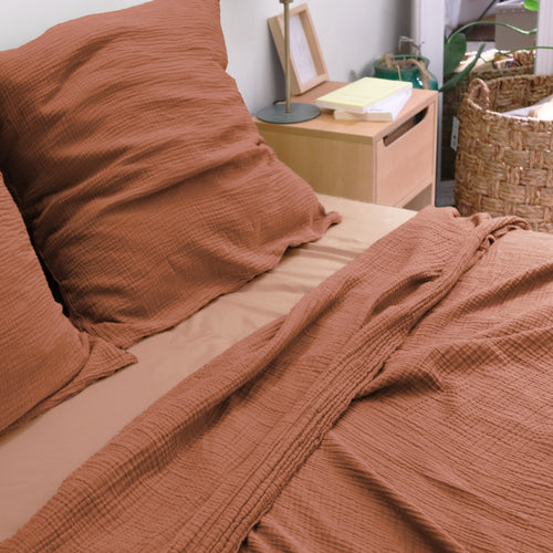 Drap Plat Simplement Gaufré - Gaze de Coton - Orange Brûlé