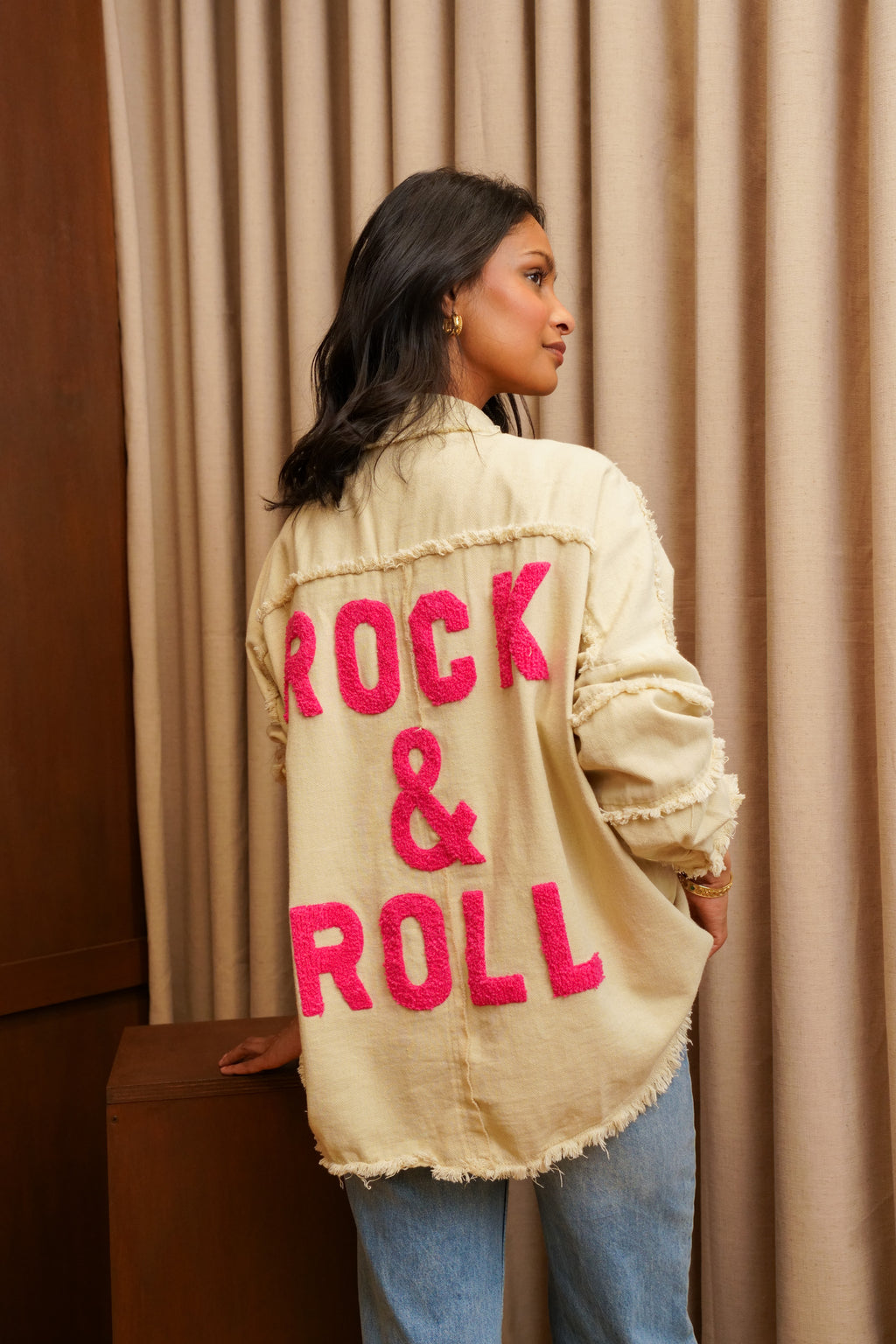 Veste Oversize "Rock&Roll" - Beige/Fuchsia